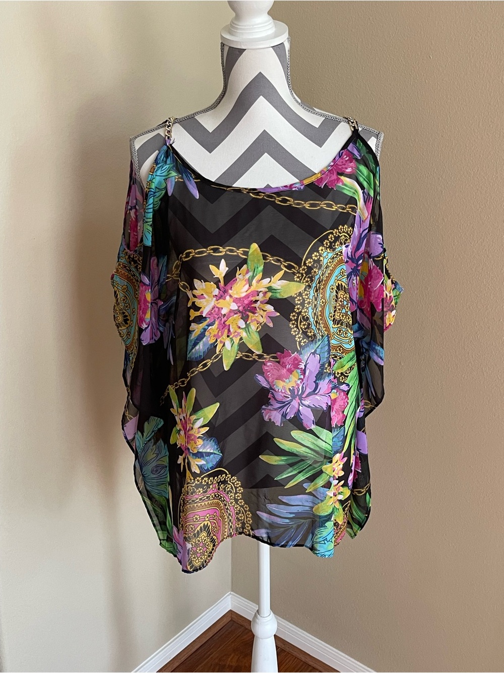 Floral Cold-Shoulder Swim Suit Cover Up - Size: M-L